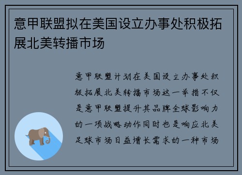 意甲联盟拟在美国设立办事处积极拓展北美转播市场 意甲联盟拟在美国设立办事处积极拓展北美转播市场