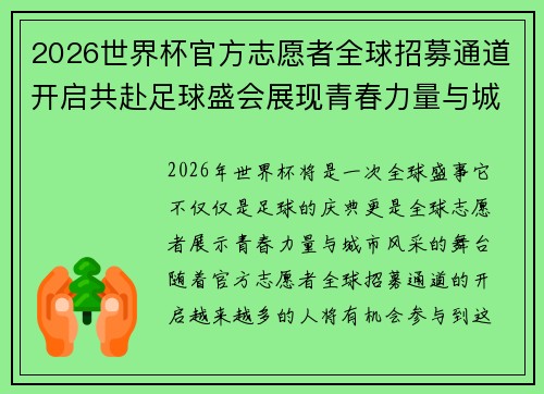 2026世界杯官方志愿者全球招募通道开启共赴足球盛会展现青春力量与城市风采 2026世界杯官方志愿者全球招募通道开启共赴足球盛会展现青春力量与城市风采